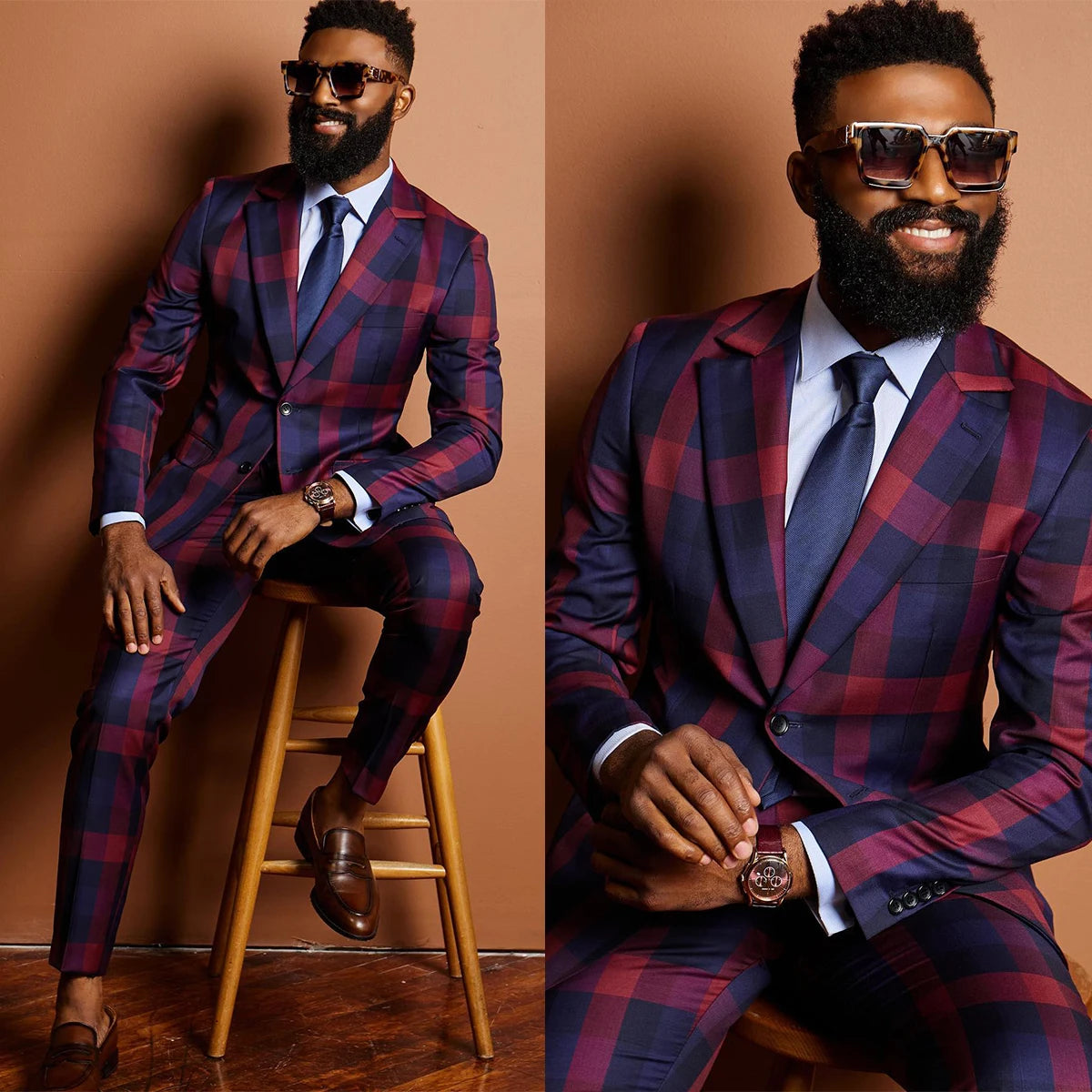 Red Plaid Men's Suits for Wedding Groom Suits Slim Fit Tuxedos Jackets and Pants Costume Homme Mariage