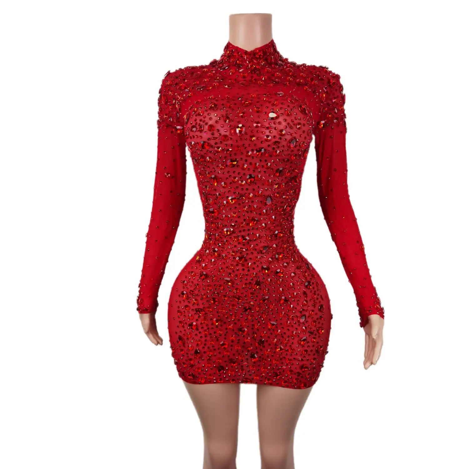 Red Rhinestones Mesh Dresses for Women Birthday Celebrate Evening Stretch Costume Sexy Stage Dance Performance Dress