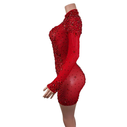 Vestidos de malla con diamantes de imitación rojos para mujer, para celebrar cumpleaños, noche, disfraz elástico, vestido sexy para actuación en el escenario y baile. 