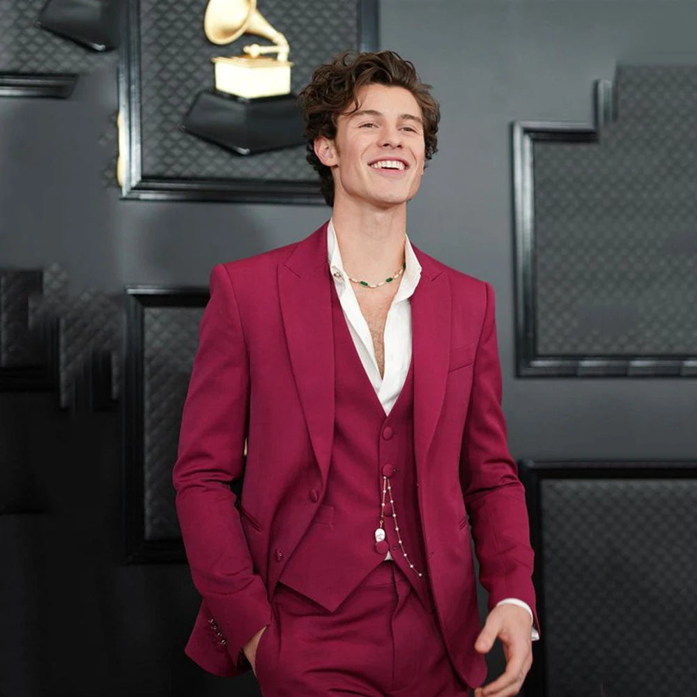 Traje rojo de tres piezas para hombre, chaqueta, chaleco, pantalón, traje formal de fiesta, último diseño, ajuste regular, conjunto de trajes de color liso.
