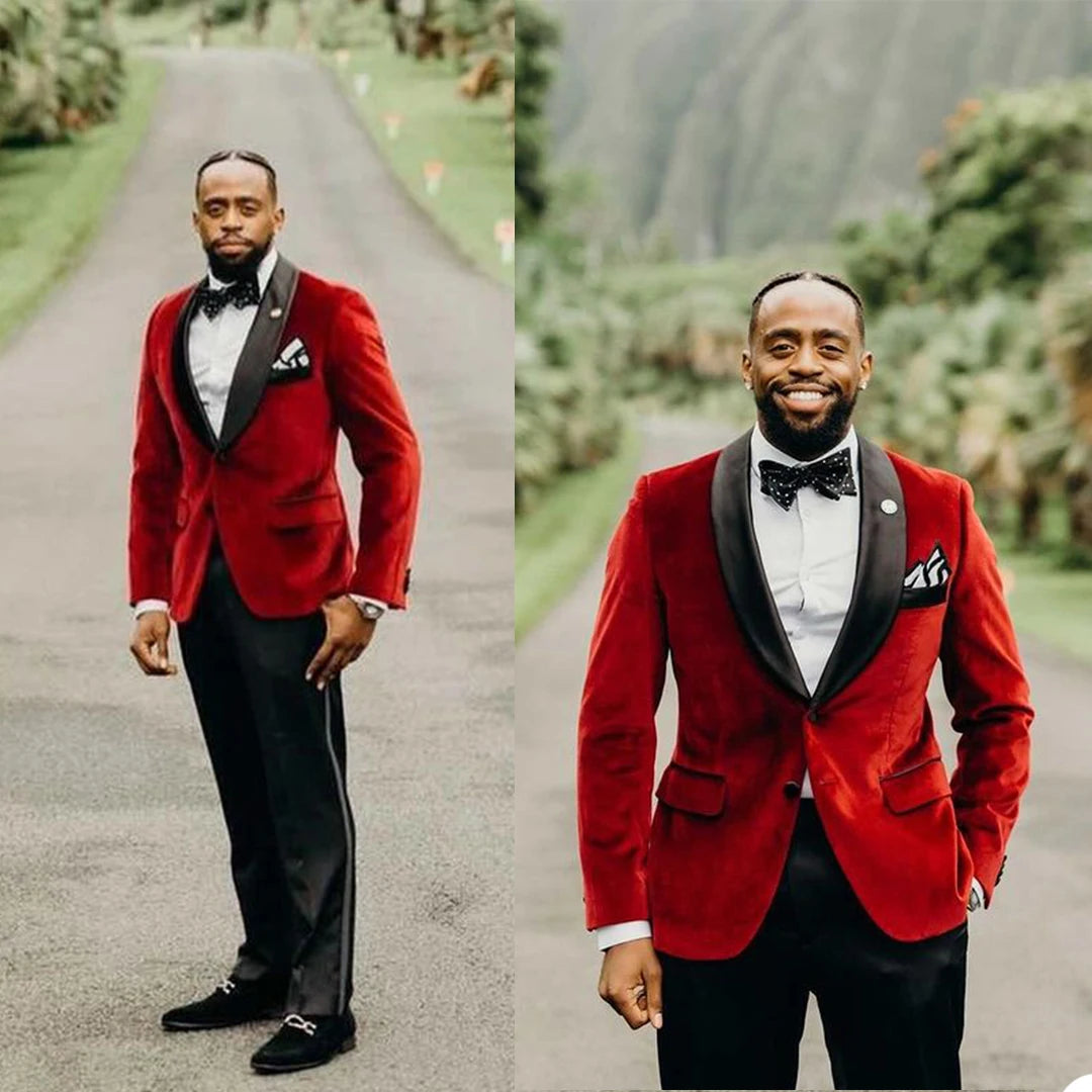 Red Velvet Celebrity Mens Customized Wedding Tuxedos Plus Size Men Wear Dinner Prom Party 2 Pieces