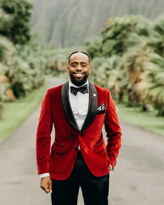Red Velvet Celebrity Mens Customized Wedding Tuxedos Plus Size Men Wear Dinner Prom Party 2 Pieces