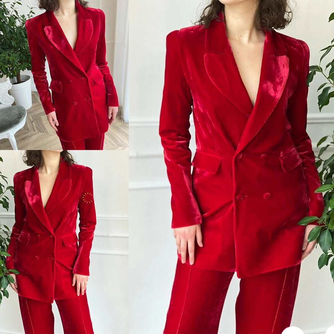 Costume blazer et pantalon en velours rouge pour femme, veste et pantalon croisés, tenue de soirée formelle, de bal 