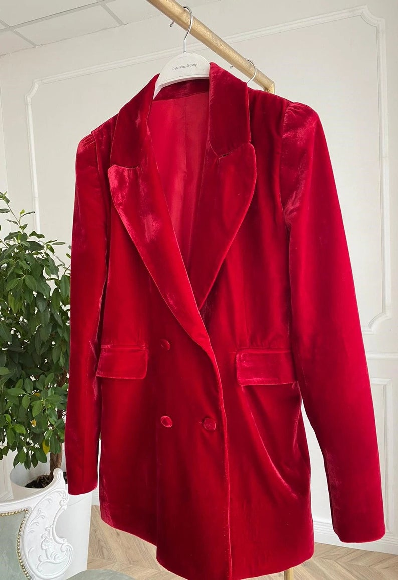 Costume blazer et pantalon en velours rouge pour femme, veste et pantalon croisés, tenue de soirée formelle, de bal 
