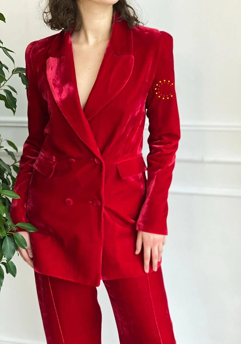 Costume blazer et pantalon en velours rouge pour femme, veste et pantalon croisés, tenue de soirée formelle, de bal 