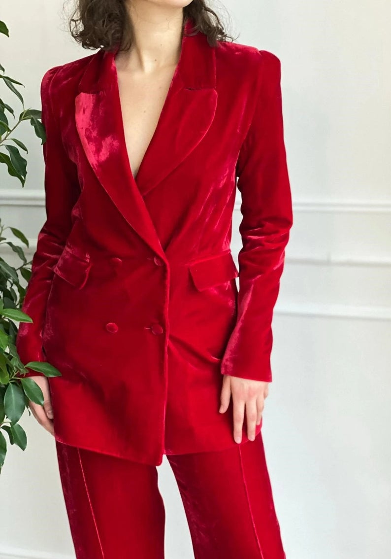 Costume blazer et pantalon en velours rouge pour femme, veste et pantalon croisés, tenue de soirée formelle, de bal 