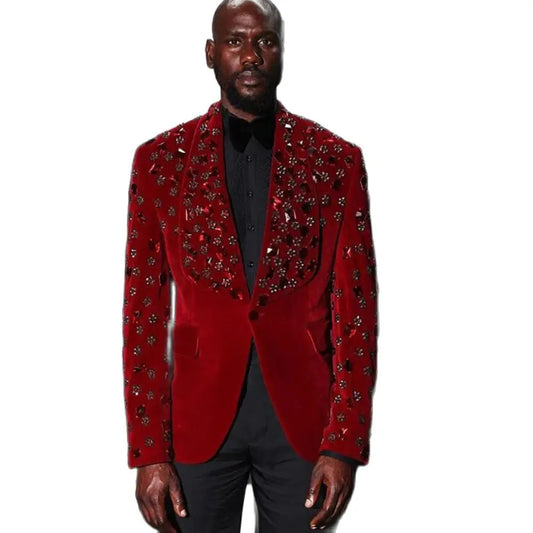 Trajes de hombre de terciopelo rojo para boda, con cristales, chal con cuentas, solapa, blazer, pantalones, 2 piezas, esmoquin de novio, vestido formal de fiesta de negocios.