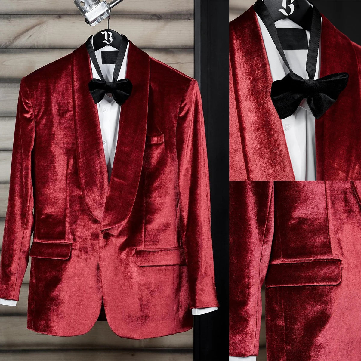 Trajes de hombre de terciopelo rojo a medida, blazer de una pieza, un botón, esmoquin de solapa transparente para boda, novio, talla grande