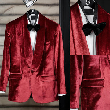 Trajes de hombre de terciopelo rojo a medida, blazer de una pieza, un botón, esmoquin de solapa transparente para boda, novio, talla grande