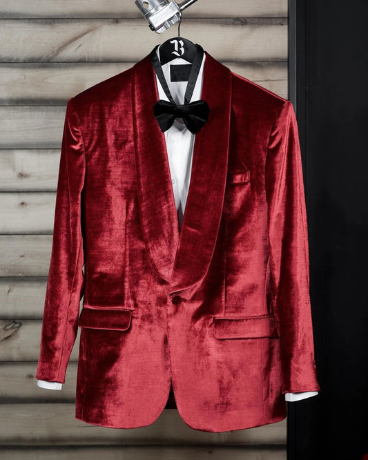 Trajes de hombre de terciopelo rojo a medida, blazer de una pieza, un botón, esmoquin de solapa transparente para boda, novio, talla grande