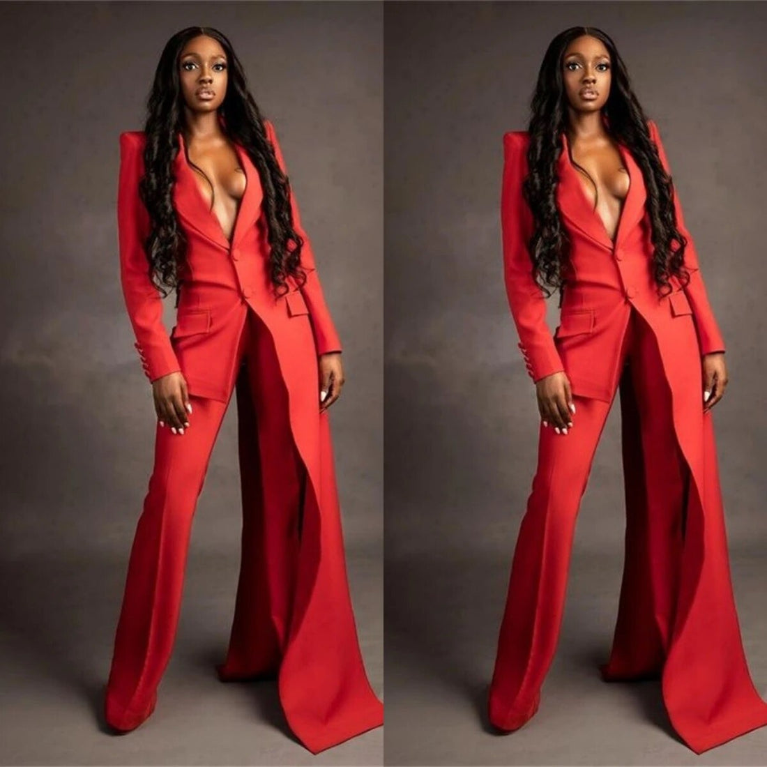 Ensemble 2 pièces rouge pour femme, blazer super long, pantalon large, sur mesure, pour le bureau, longueur au sol, robe de soirée 