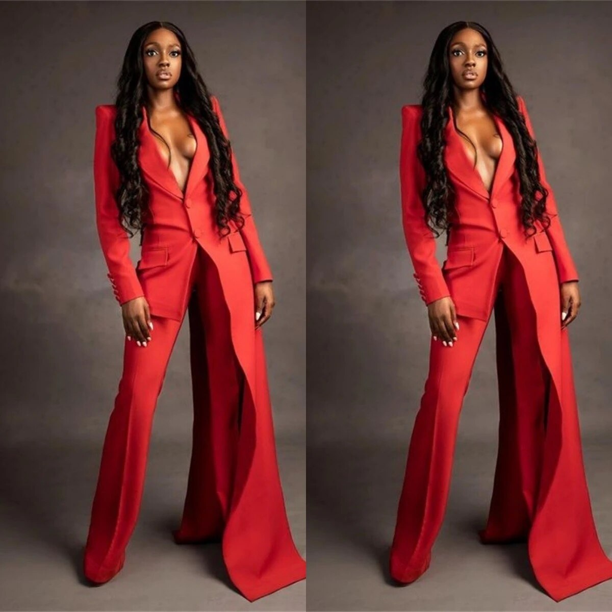 Ensemble 2 pièces rouge pour femme, blazer super long, pantalon large, sur mesure, pour le bureau, longueur au sol, robe de soirée 