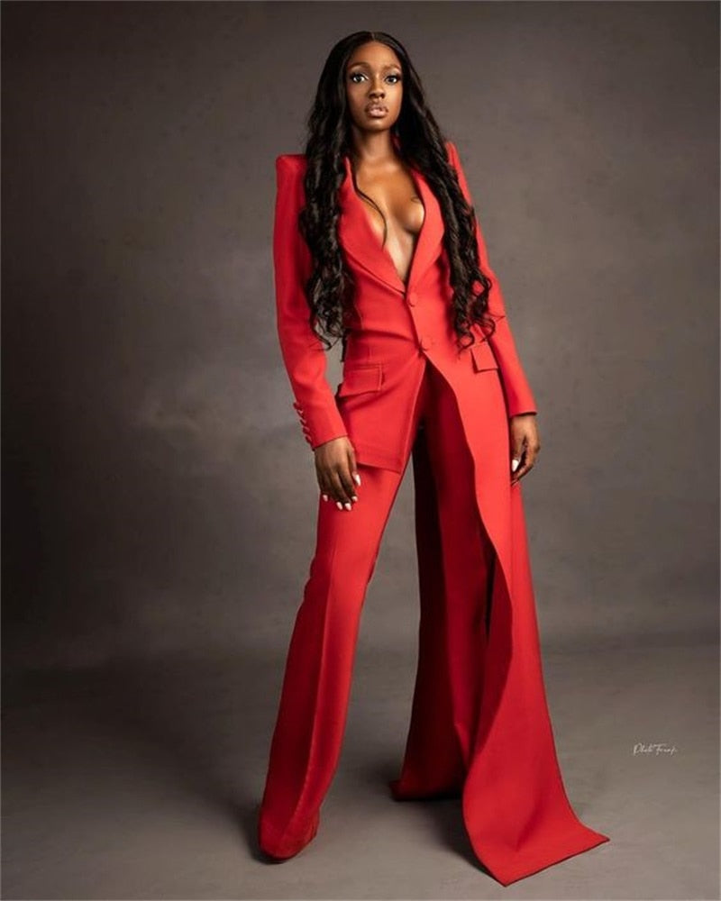 Ensemble 2 pièces rouge pour femme, blazer super long, pantalon large, sur mesure, pour le bureau, longueur au sol, robe de soirée 