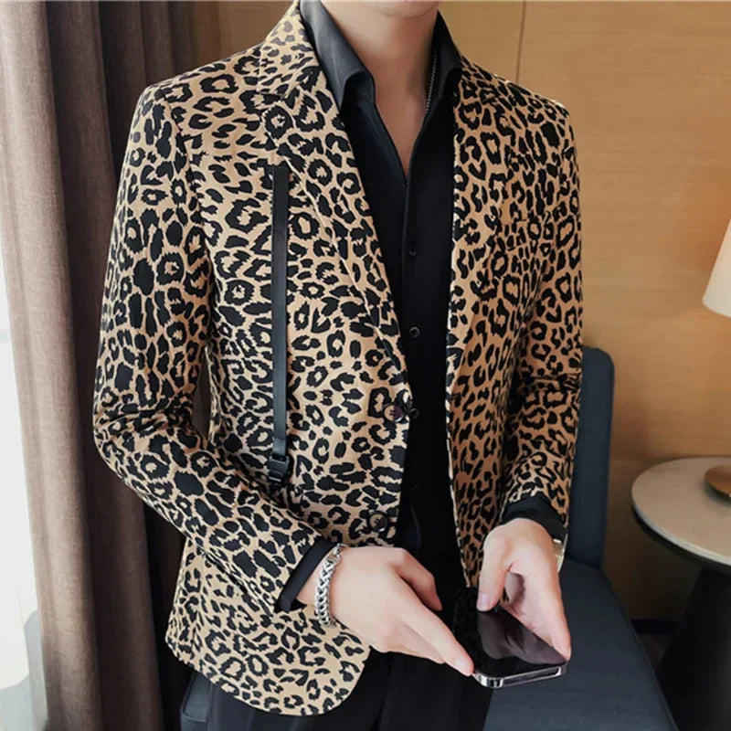 Veste blazer à imprimé léopard pour homme, manches longues, coupe slim, fermeture à boutons