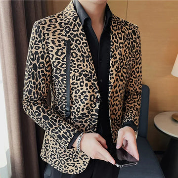 Men's Leopard Print Blazer Jacket Long Sleeve Slim Fit Button Closure