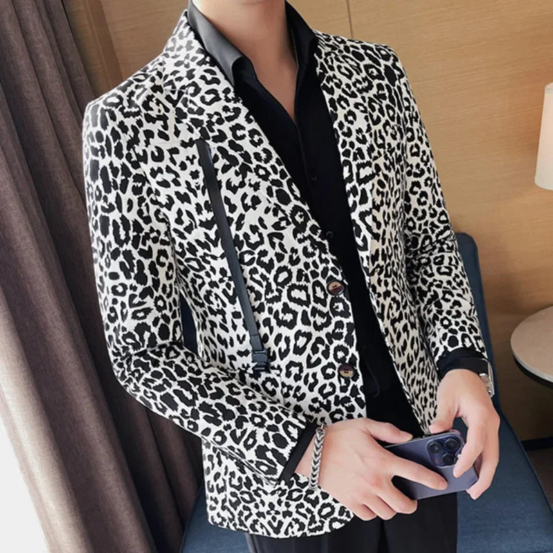 Chaqueta blazer con estampado de leopardo para hombre, manga larga, corte entallado, cierre de botones