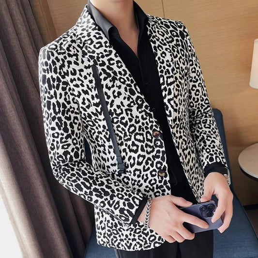 Men's Leopard Print Blazer Jacket Long Sleeve Slim Fit Button Closure