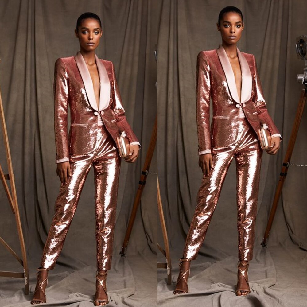 Trajes de mujer con lentejuelas de oro rosa, 2 piezas, blazer brillante, pantalones, diseñador, vestido formal para fiesta de graduación, hecho a medida, disfraz femenino 
