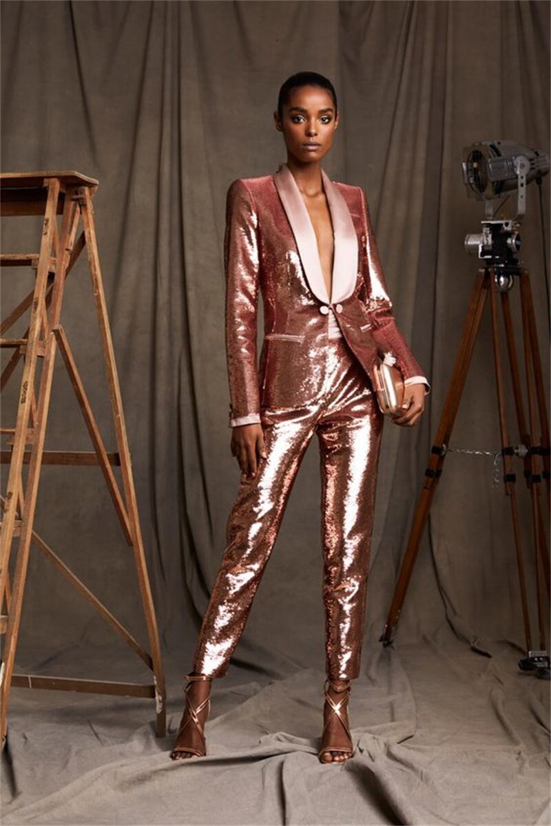 Trajes de mujer con lentejuelas de oro rosa, 2 piezas, blazer brillante, pantalones, diseñador, vestido formal para fiesta de graduación, hecho a medida, disfraz femenino 