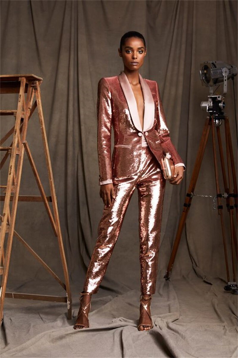 Trajes de mujer con lentejuelas de oro rosa, 2 piezas, blazer brillante, pantalones, diseñador, vestido formal para fiesta de graduación, hecho a medida, disfraz femenino 