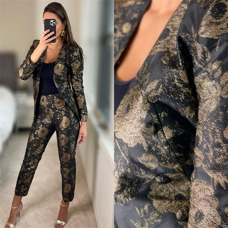 Rose Jacquard Women Suits Fashion Prom Dresses V Neck Blazer+Pants 2 Piece Set Modern Custom Made Ins Hot Girl Streetwear Coat