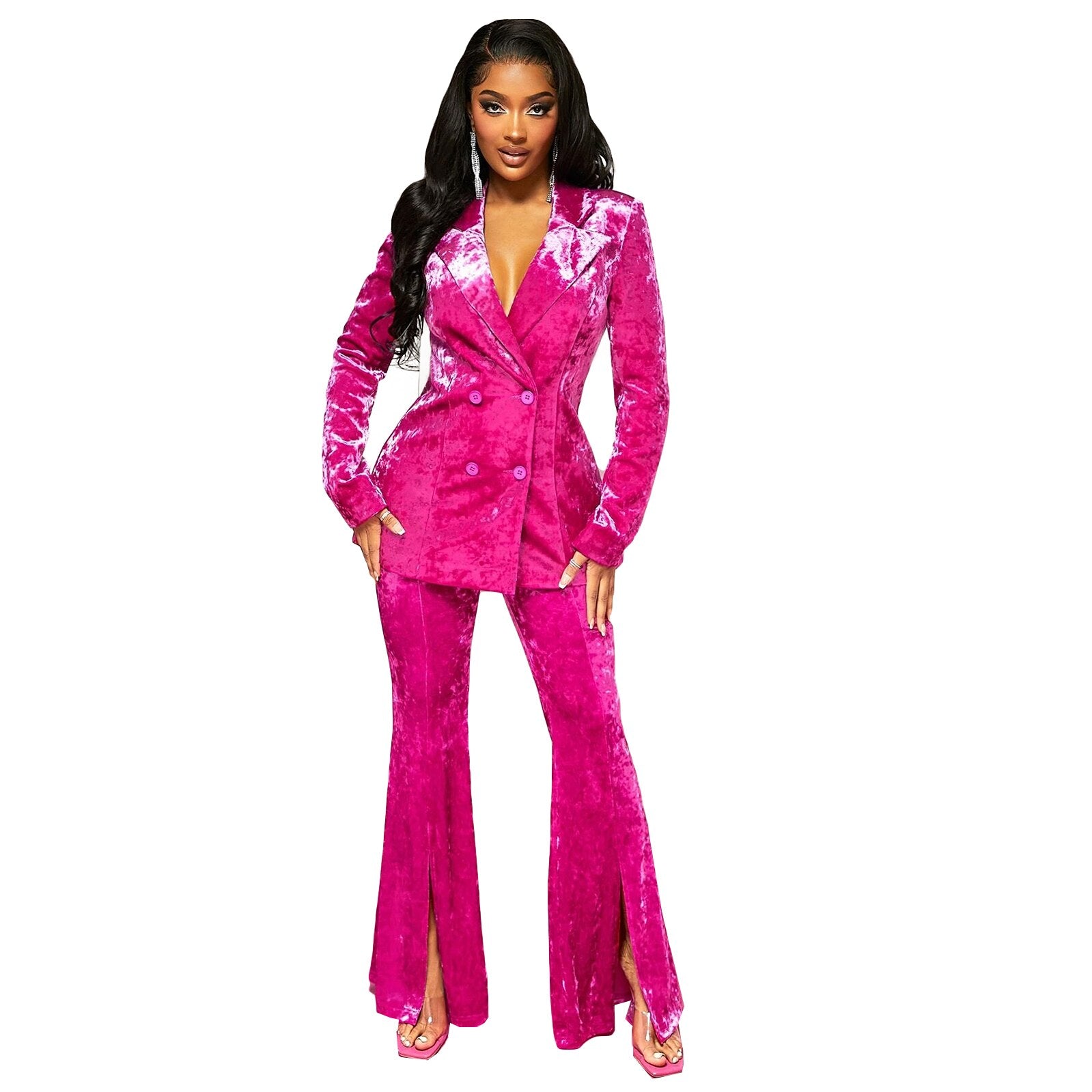 Blazer de terciopelo rojo rosa para mujer, traje de cuello en V para fiesta de noche, esmoquin holgado de dos piezas, chaqueta y pantalón. 