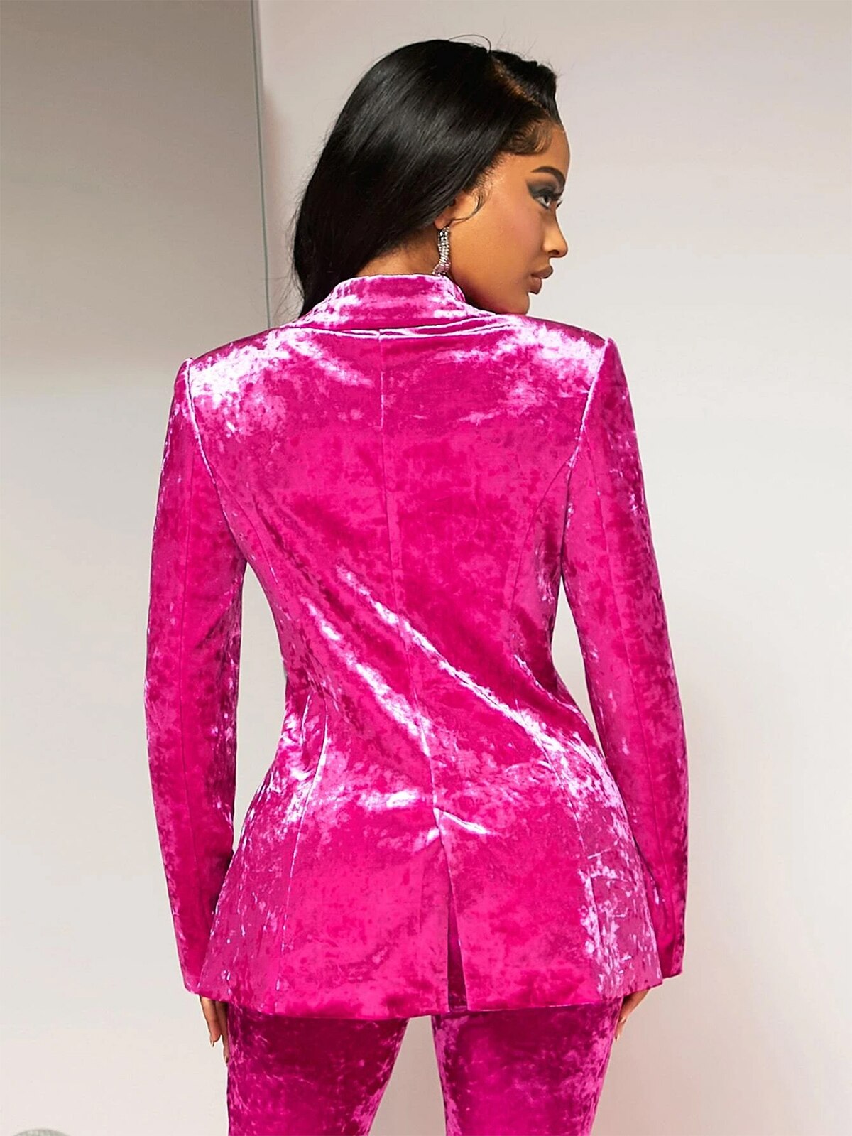 Blazer de terciopelo rojo rosa para mujer, traje de cuello en V para fiesta de noche, esmoquin holgado de dos piezas, chaqueta y pantalón. 