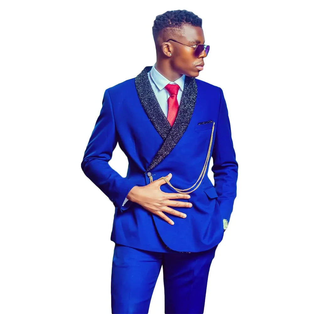 Esmoquin de boda azul real de 2 piezas, chaqueta y pantalones, traje de novio a medida, traje formal de cuello con lentejuelas para hombre 