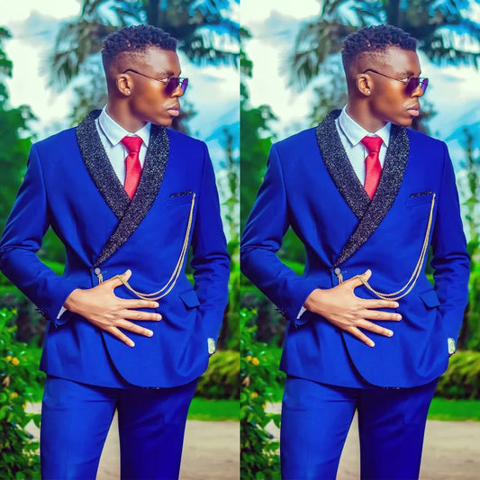 Esmoquin de boda azul real de 2 piezas, chaqueta y pantalones, traje de novio a medida, traje formal de cuello con lentejuelas para hombre 