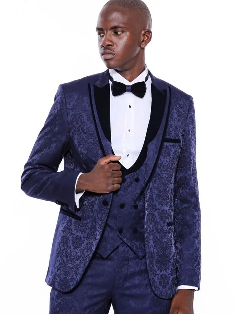 Costume de mariage 3 pièces en jacquard bleu roi pour homme, veste, pantalon et gilet, sur mesure 