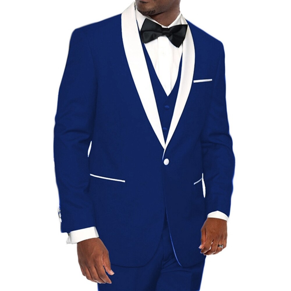 Royal Blue Men Suits 3Pcs Jacket Pants Vest White Shawl Lapel Costume Homme Slim Wedding Tuxedo Groom Blazer Trousers