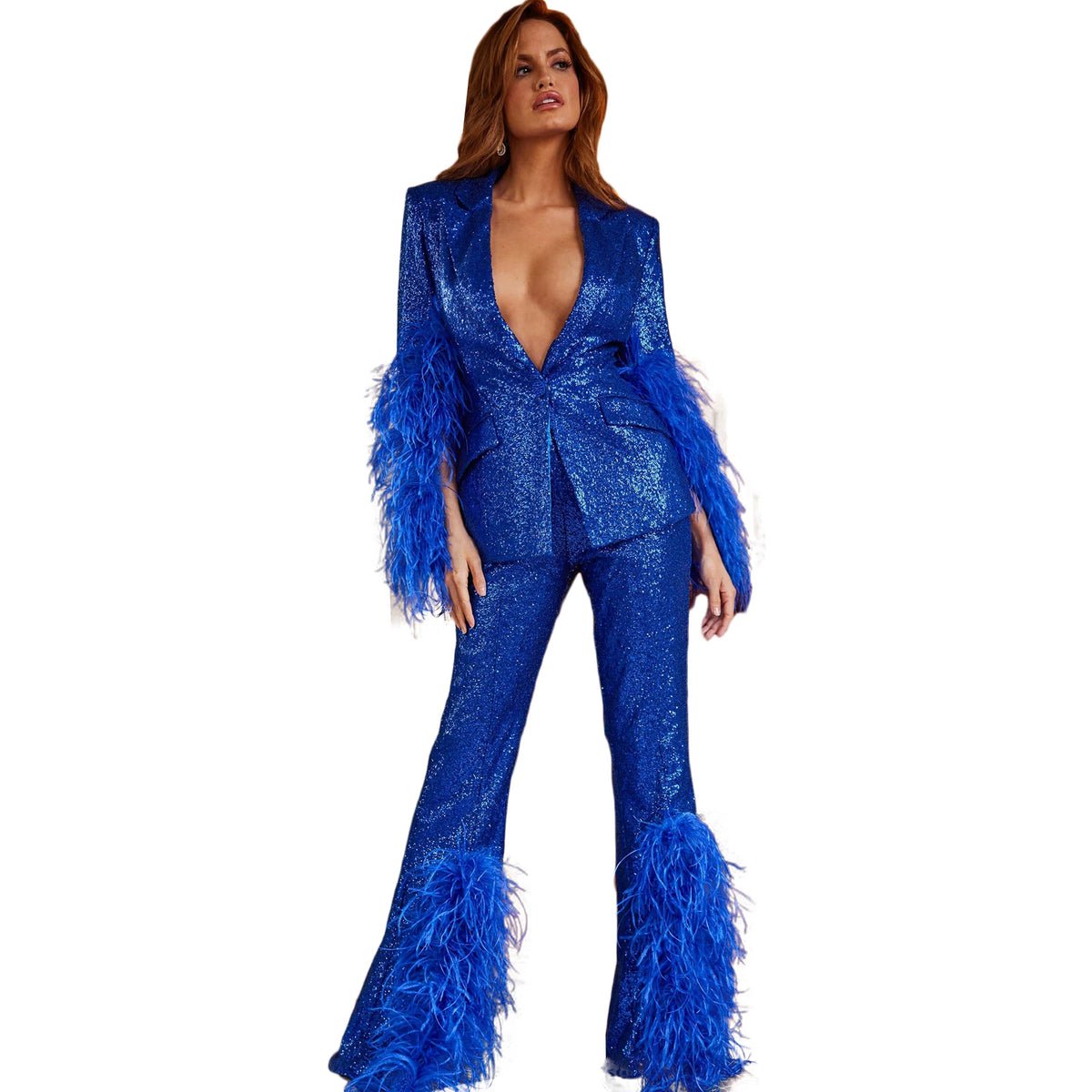 Vestidos azul real de 2 piezas con lentejuelas y plumas, chaqueta con escote en V profundo, para fiesta de graduación, formal, a medida