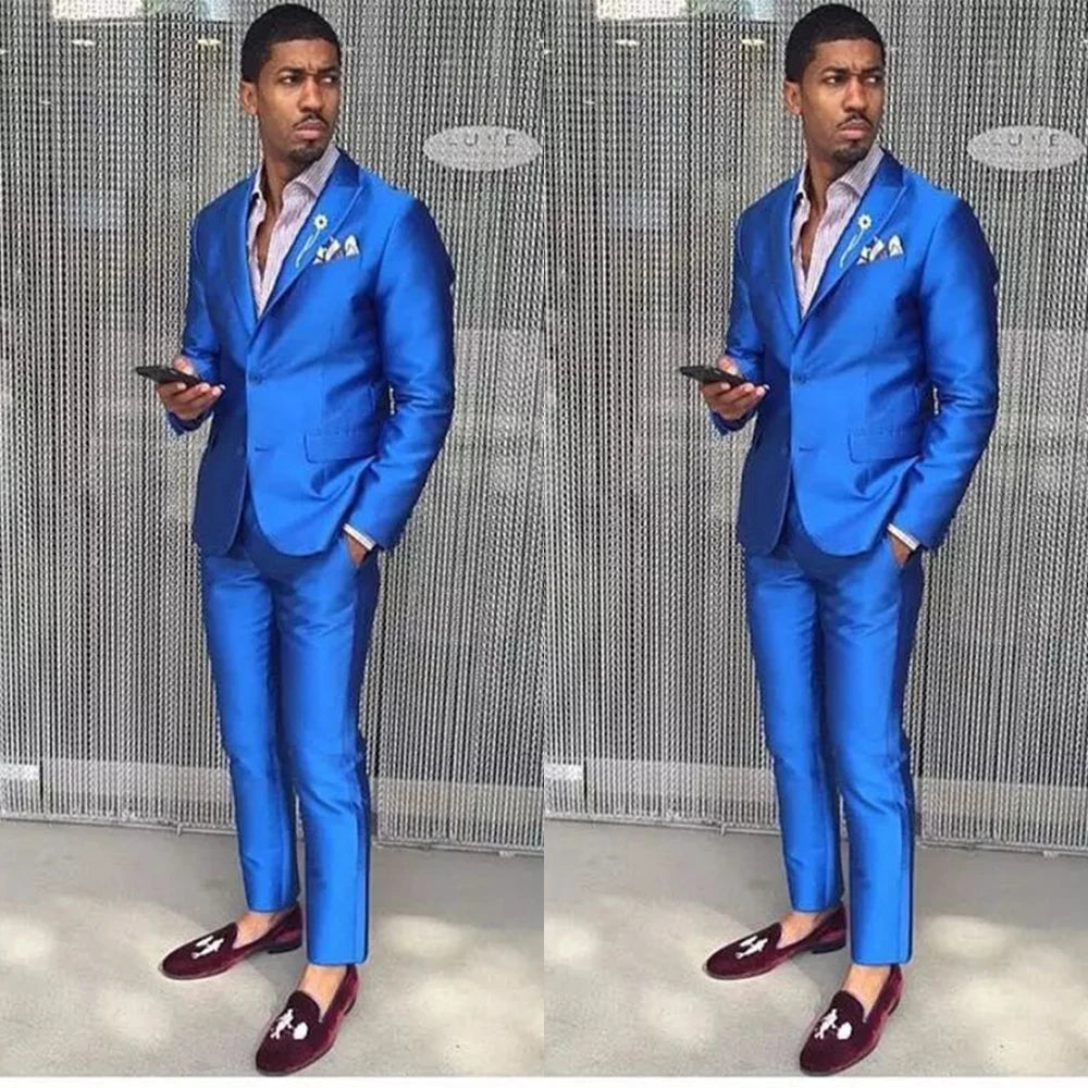 Costume 2 pièces en satin de soie bleu roi pour homme, coupe slim, idéal pour un mariage, une soirée, un bal ou un travail.