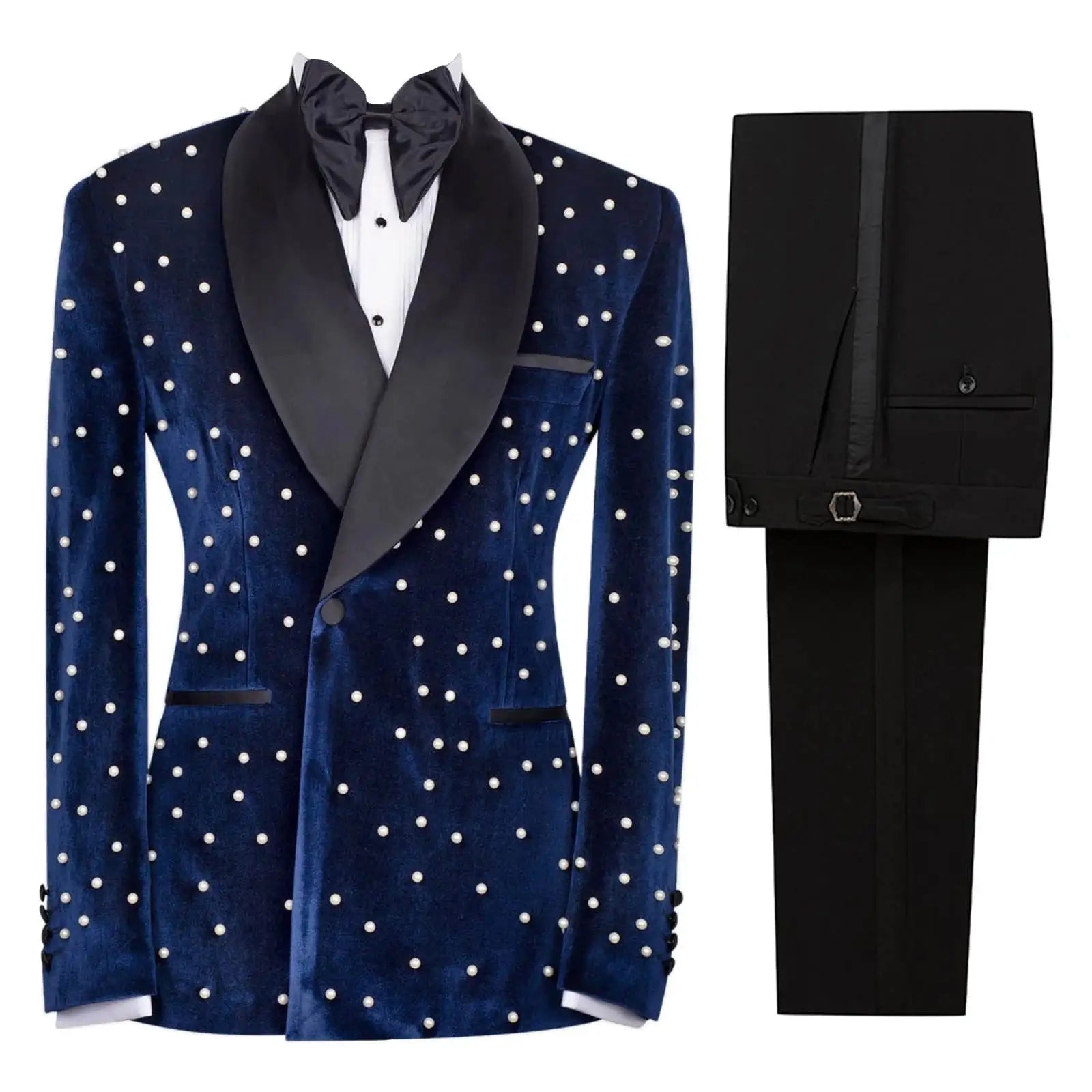 Royal Blue Velvet Men Wedding Tuxedos Pearls Beading Shawl Lapel Tailored Pants Suits Birthday Party Prom Groom Wear 2 Pieces