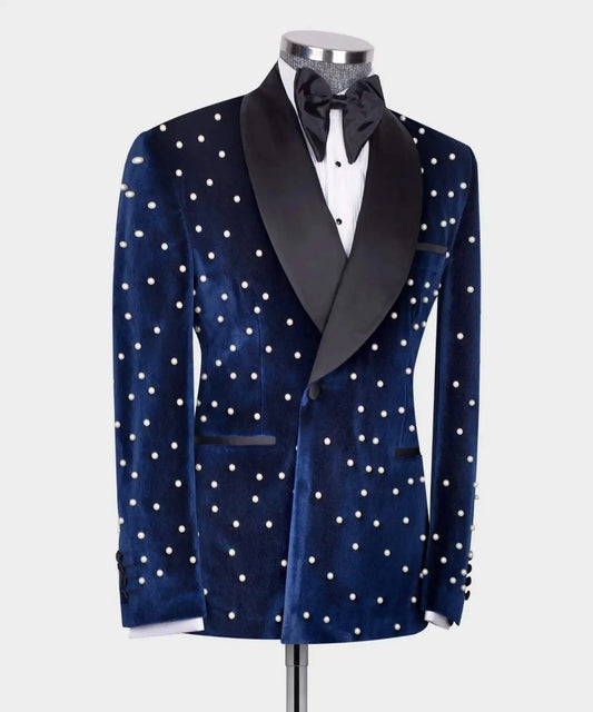 Esmoquin de boda de terciopelo azul real para hombre, con perlas y abalorios, solapa chal, pantalones a medida, trajes para fiesta de cumpleaños, graduación, novio, 2 piezas