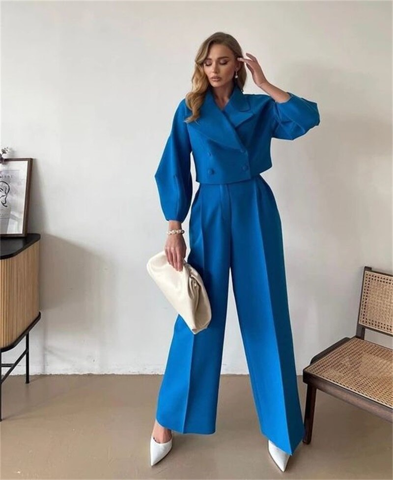 Ensemble costume femme bleu roi en laine 2 pièces blazer + pantalon robe de bal de mariage d'hiver veste croisée sur mesure pantalon large 