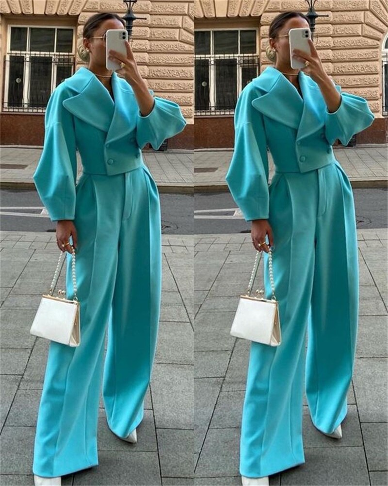 Ensemble costume femme bleu roi en laine 2 pièces blazer + pantalon robe de bal de mariage d'hiver veste croisée sur mesure pantalon large 