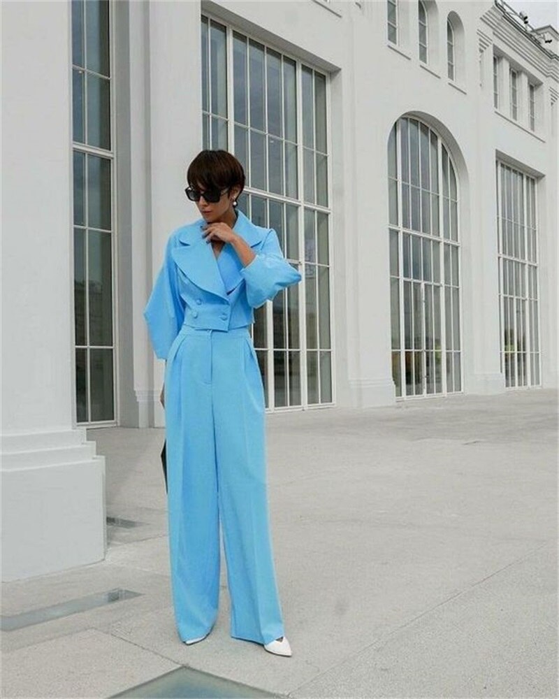 Ensemble costume femme bleu roi en laine 2 pièces blazer + pantalon robe de bal de mariage d'hiver veste croisée sur mesure pantalon large 