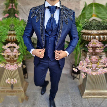 Elegant Royal Blue Floral Beaded Three-Piece Tuxedo for Weddings and Prom - Custom Tailored Single Breasted Blazer for Grooms and Special Occasions