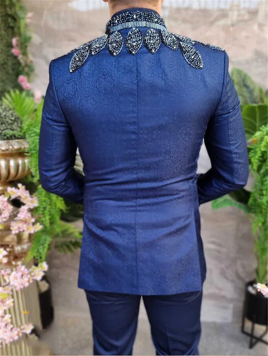 Elegant Royal Blue Floral Beaded Three-Piece Tuxedo for Weddings and Prom - Custom Tailored Single Breasted Blazer for Grooms and Special Occasions