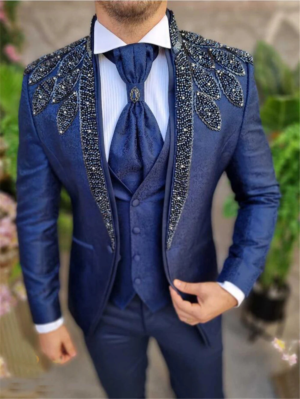 Elegant Royal Blue Floral Beaded Three-Piece Tuxedo for Weddings and Prom - Custom Tailored Single Breasted Blazer for Grooms and Special Occasions