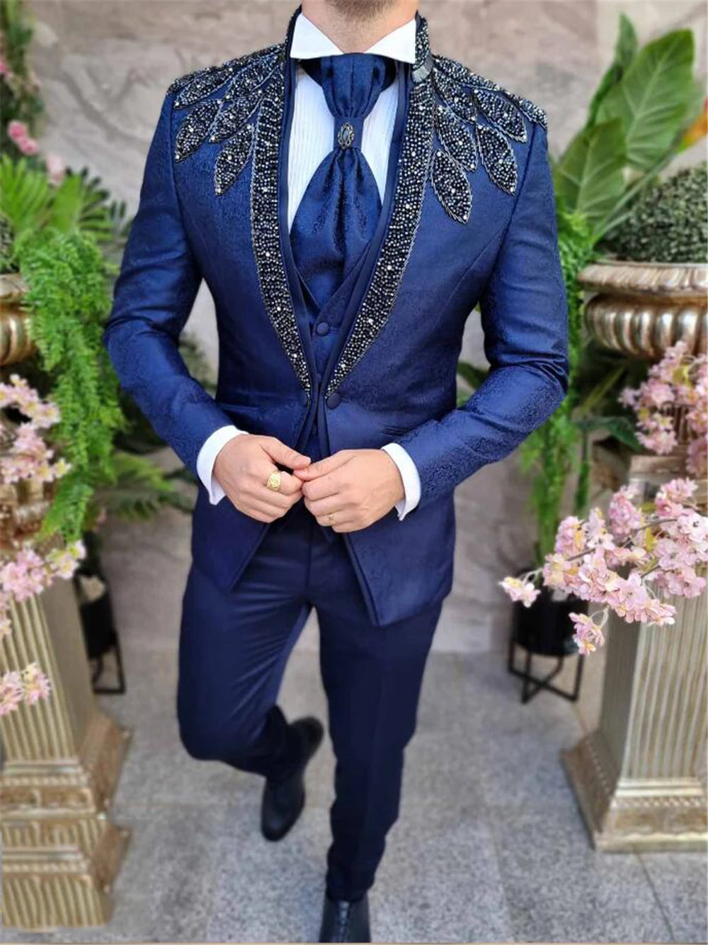 Elegant Royal Blue Floral Beaded Three-Piece Tuxedo for Weddings and Prom - Custom Tailored Single Breasted Blazer for Grooms and Special Occasions
