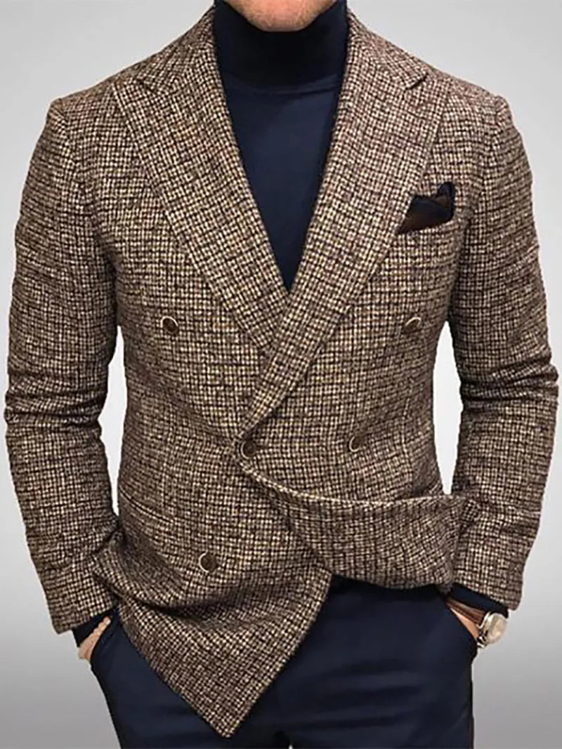 Autumn Men Blazers Slim Fit Plaid Suits Jackets Male Long Sleeve Double-breasted Outerwear Business Casual Coats