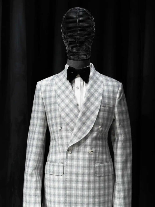 Plaid Men Wedding Suits Shawl Lapel Tuxedo Double Breasted Groom Wear 2 Pcs Jacket Pants Business Evening Party Customized