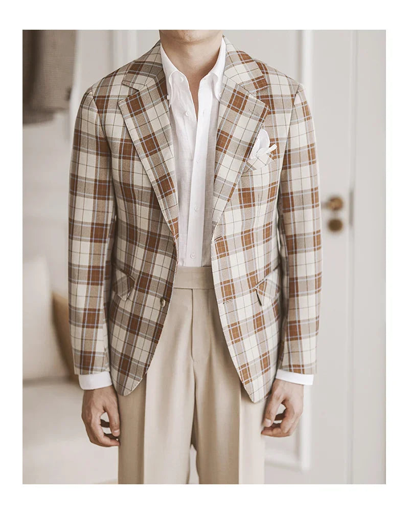 Men's Brown and White Plaid Blazer Single-Breasted Two-Button Casual Jacket
