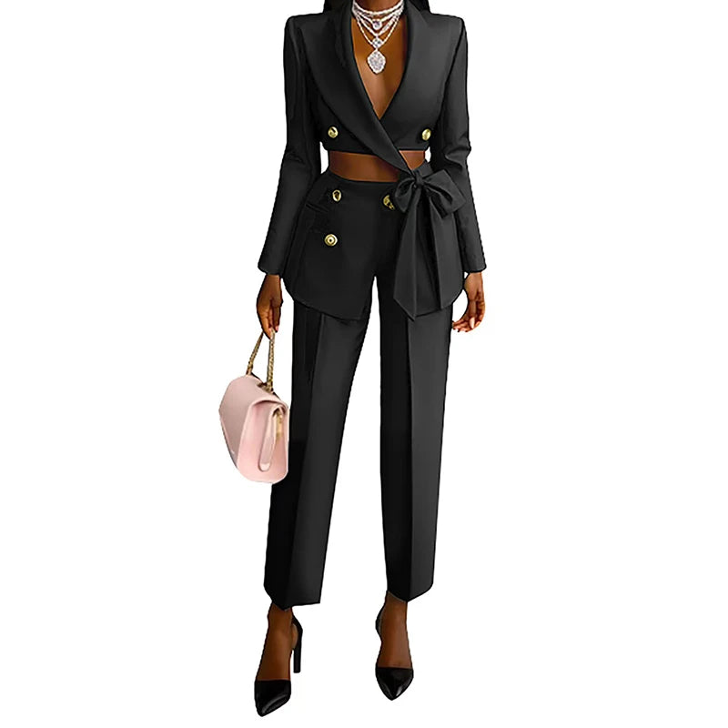 Ensemble élégant blazer à lacets et pantalon long pour femme, décontracté, manches longues, couleur unie, deux pièces, boutons tendance, tenue de ville
