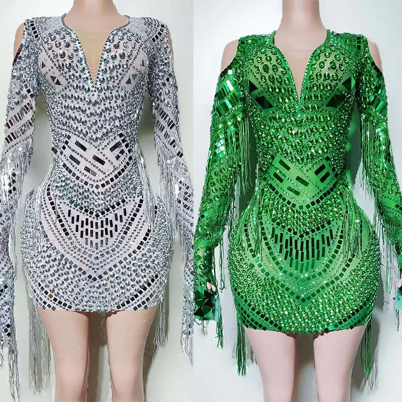 Sexy Tassels Full Diamond V-neck Dress Nightclub Bar Dj Gogo Dancers Stage Dress Female Singer Stage Performance Costume