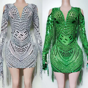 Sexy Tassels Full Diamond V-neck Dress Nightclub Bar Dj Gogo Dancers Stage Dress Female Singer Stage Performance Costume