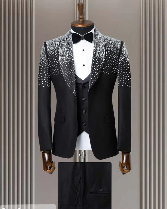 Crystals Men Suit Set 2 Piece Blazer+Pants Trousers Luxury Shiny Wedding Tuxedos Formal Office Jacket Prom Coat Customized