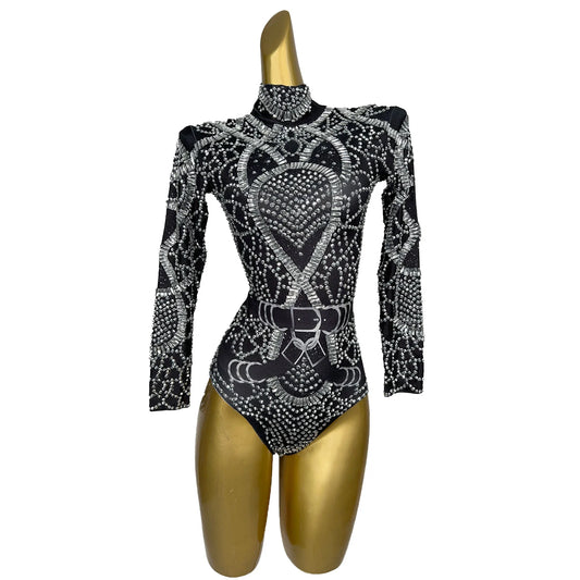 Justaucorps à diamants scintillants pour femme, tenue sexy noire pour fête, bal, anniversaire, séance photo, boîte de nuit, spectacle, scène 